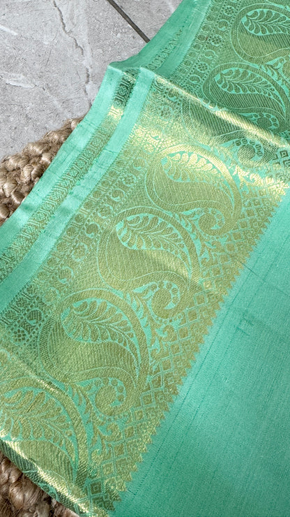 Aquamarine & Purple Pure Kanchipuram Silk Saree with Mango & Peacock Motifs | Silk Mark Certified