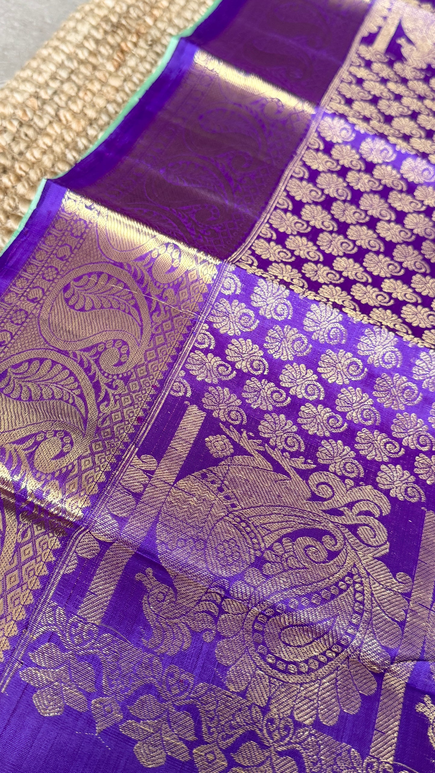 Aquamarine & Purple Pure Kanchipuram Silk Saree with Mango & Peacock Motifs | Silk Mark Certified