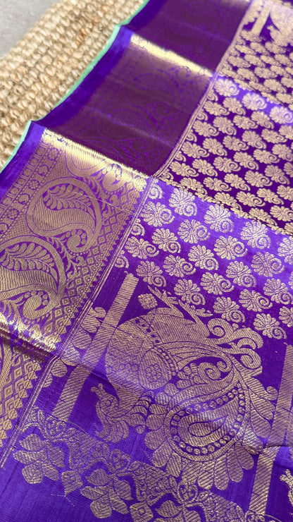 Aquamarine & Purple Pure Kanchipuram Silk Saree with Mango & Peacock Motifs | Silk Mark Certified
