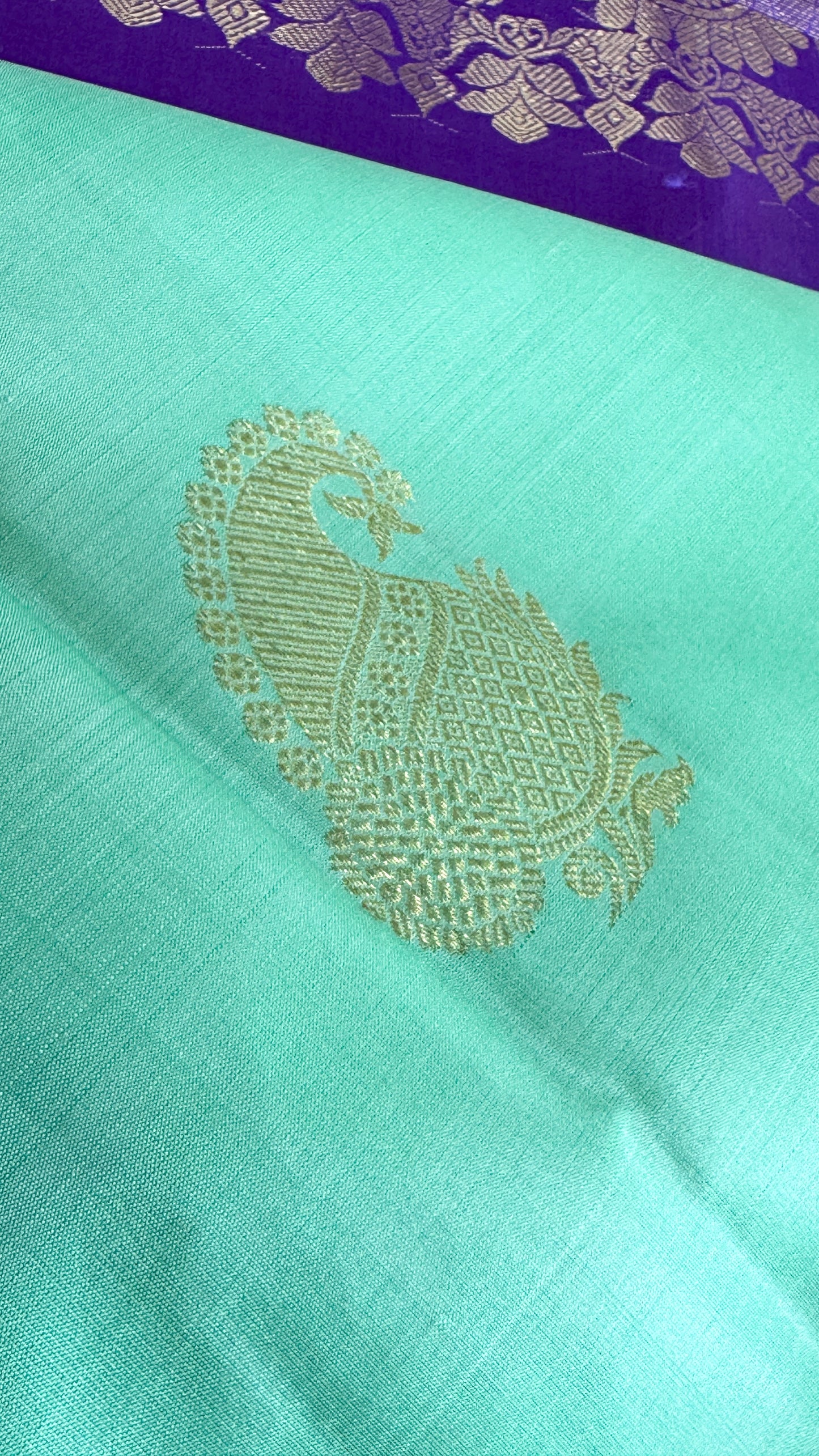Aquamarine & Purple Pure Kanchipuram Silk Saree with Mango & Peacock Motifs | Silk Mark Certified