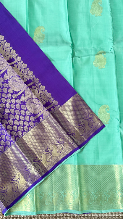 Aquamarine & Purple Pure Kanchipuram Silk Saree with Mango & Peacock Motifs | Silk Mark Certified