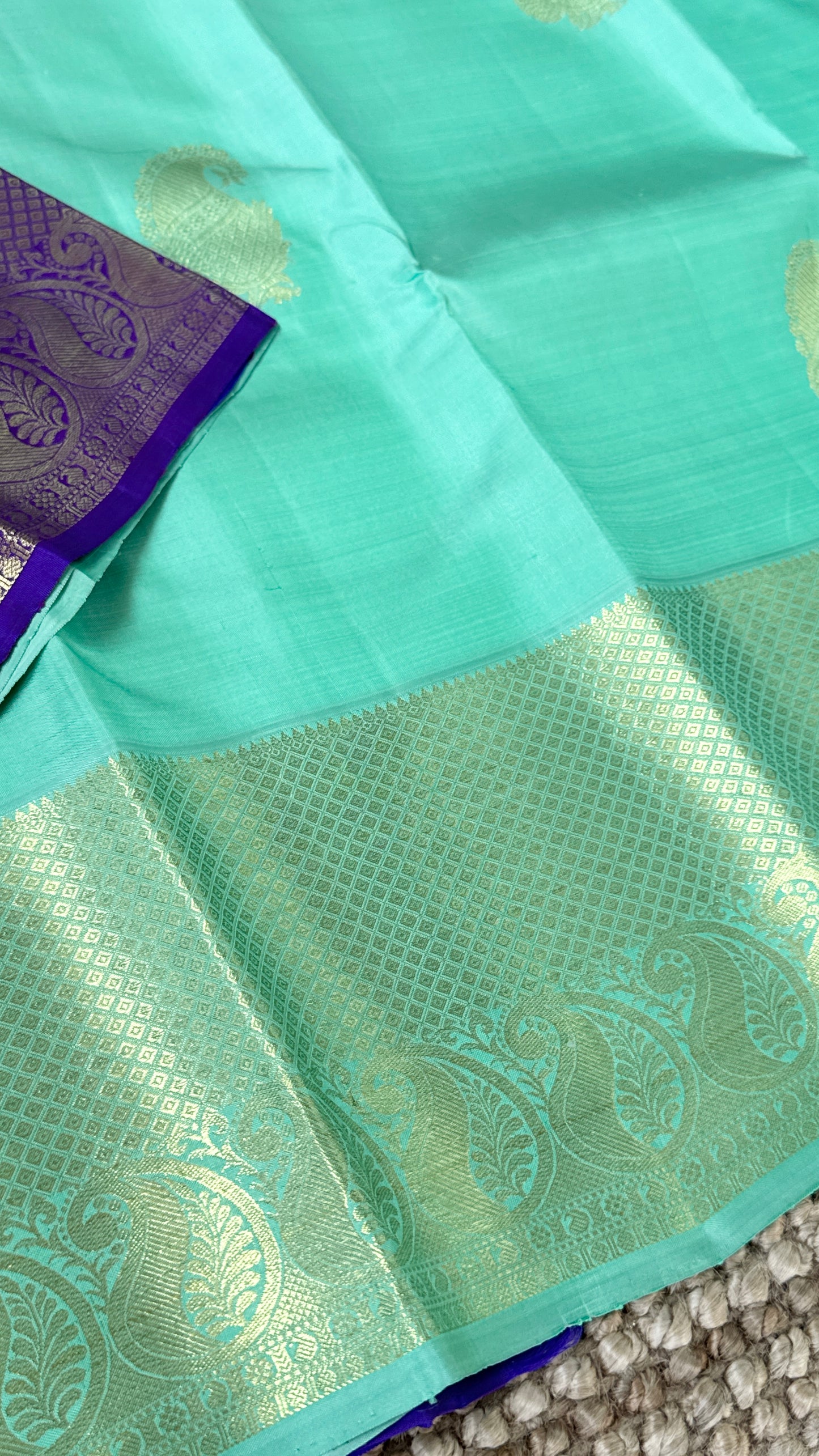 Aquamarine & Purple Pure Kanchipuram Silk Saree with Mango & Peacock Motifs | Silk Mark Certified