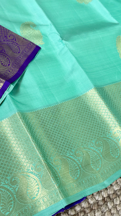 Aquamarine & Purple Pure Kanchipuram Silk Saree with Mango & Peacock Motifs | Silk Mark Certified