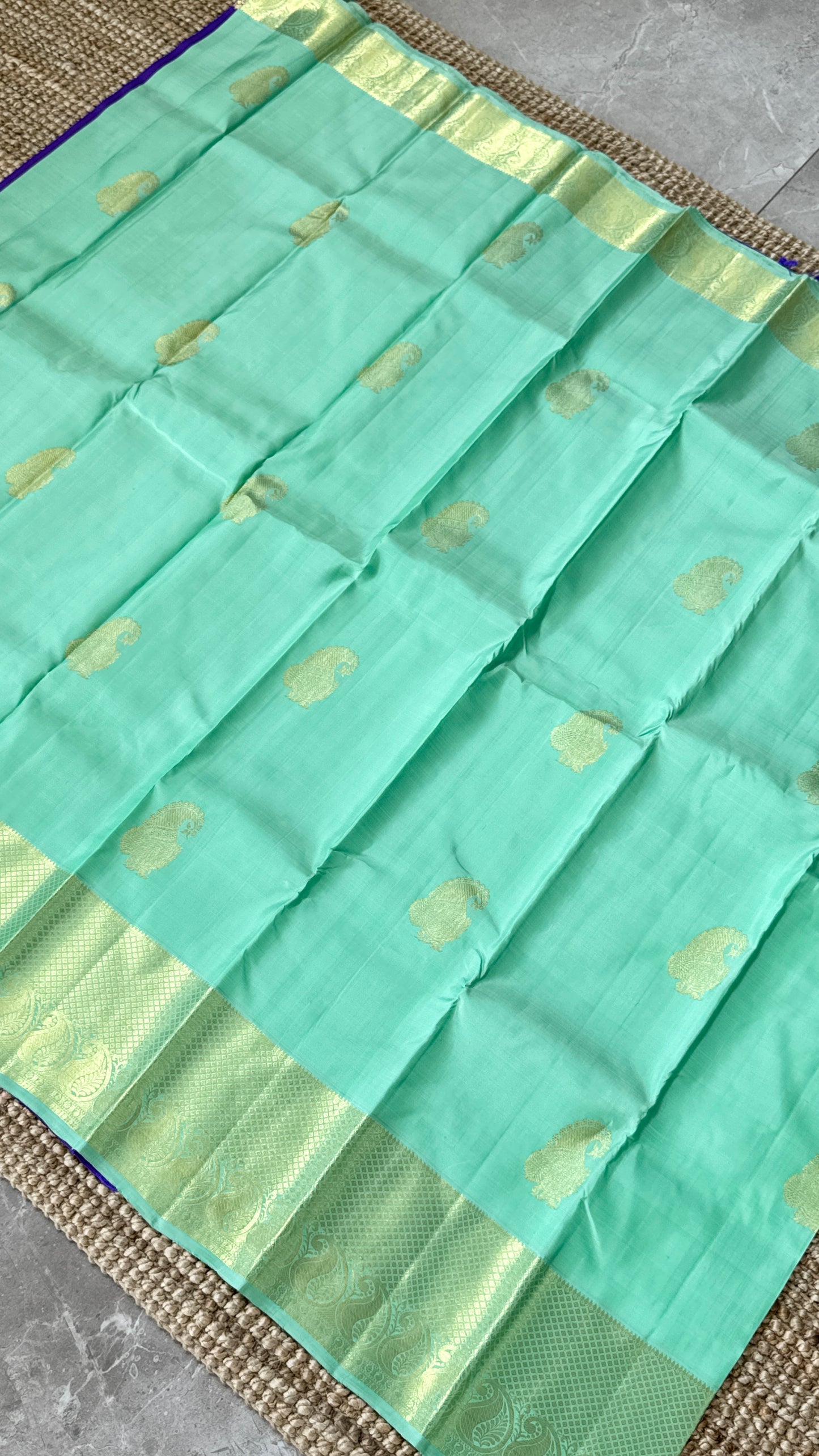 Aquamarine & Purple Pure Kanchipuram Silk Saree with Mango & Peacock Motifs | Silk Mark Certified
