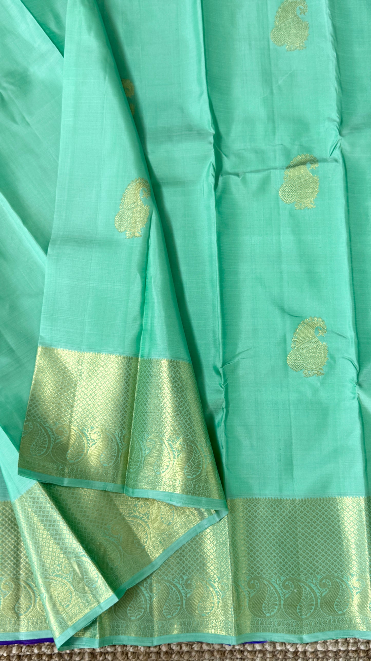 Aquamarine & Purple Pure Kanchipuram Silk Saree with Mango & Peacock Motifs | Silk Mark Certified