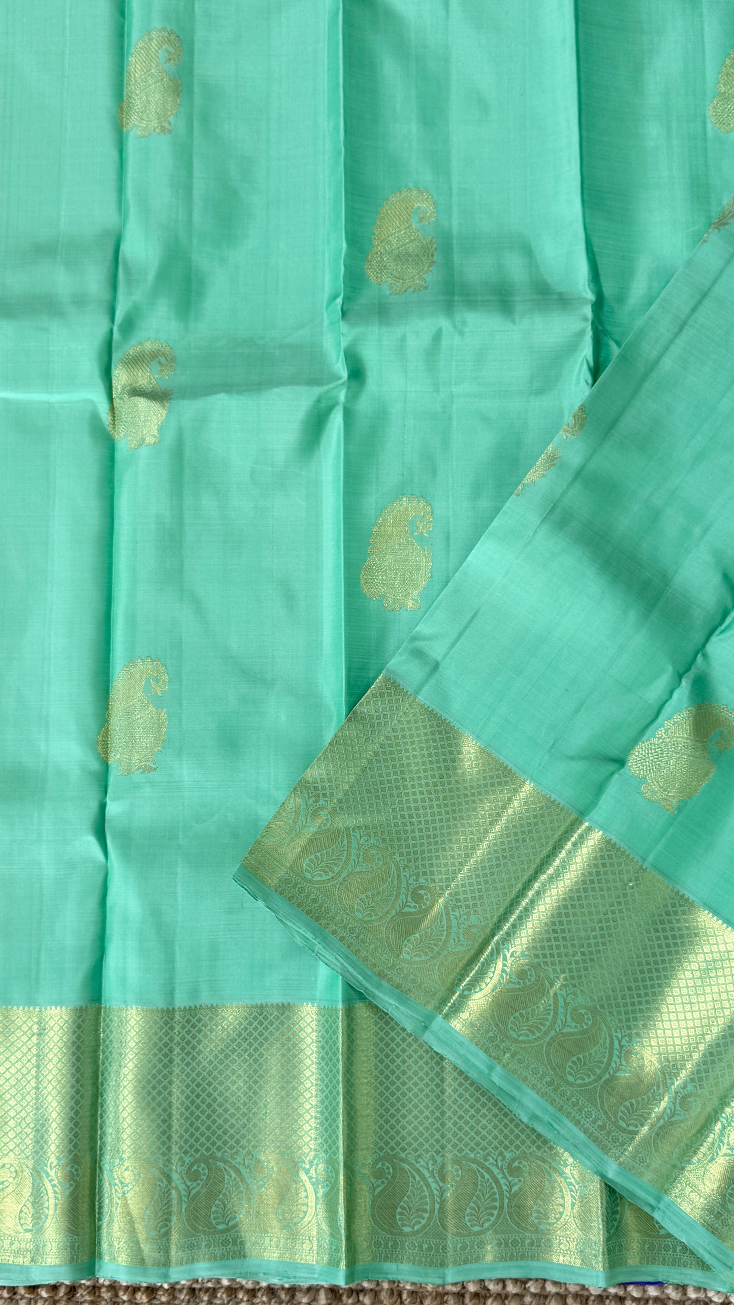 Aquamarine & Purple Pure Kanchipuram Silk Saree with Mango & Peacock Motifs | Silk Mark Certified