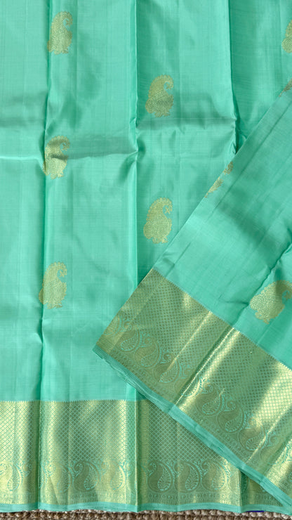 Aquamarine & Purple Pure Kanchipuram Silk Saree with Mango & Peacock Motifs | Silk Mark Certified