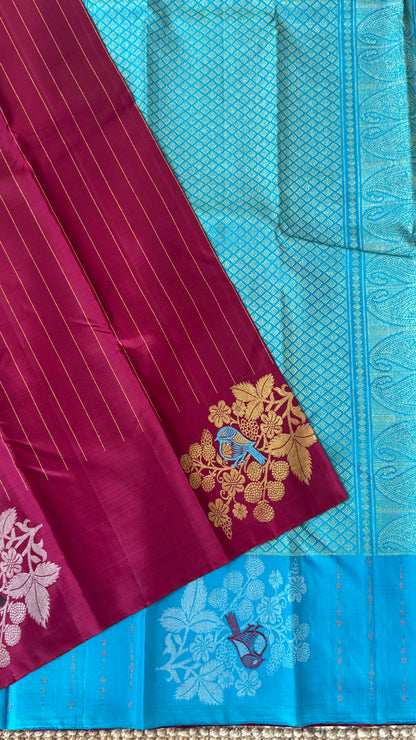 Maroon & Blue Borderless Pure Kanchipuram Silk Saree with Dual Zari Motifs | Silk Mark Certified