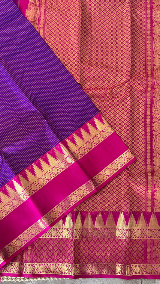 Purple Pure Kanchipuram Silk Saree with Contrast Pink Border & Pallu | Silk Mark Certified