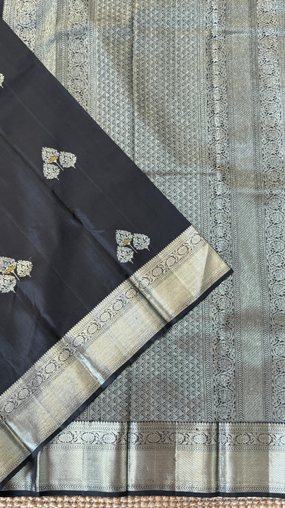 Black Beauty Pure Kanchipuram Silk Saree with Silver Zari Elegance | Silk Mark Certified