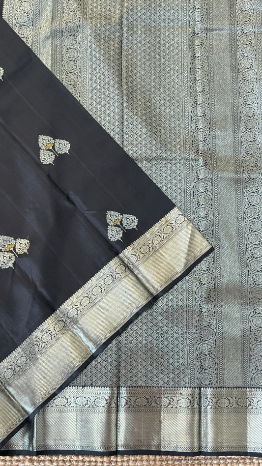 Black Beauty Pure Kanchipuram Silk Saree with Silver Zari Elegance | Silk Mark Certified