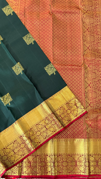 Bottle Green Pure Kanchipuram Silk Saree with Contrast Red Pallu & Border | Silk Mark Certified