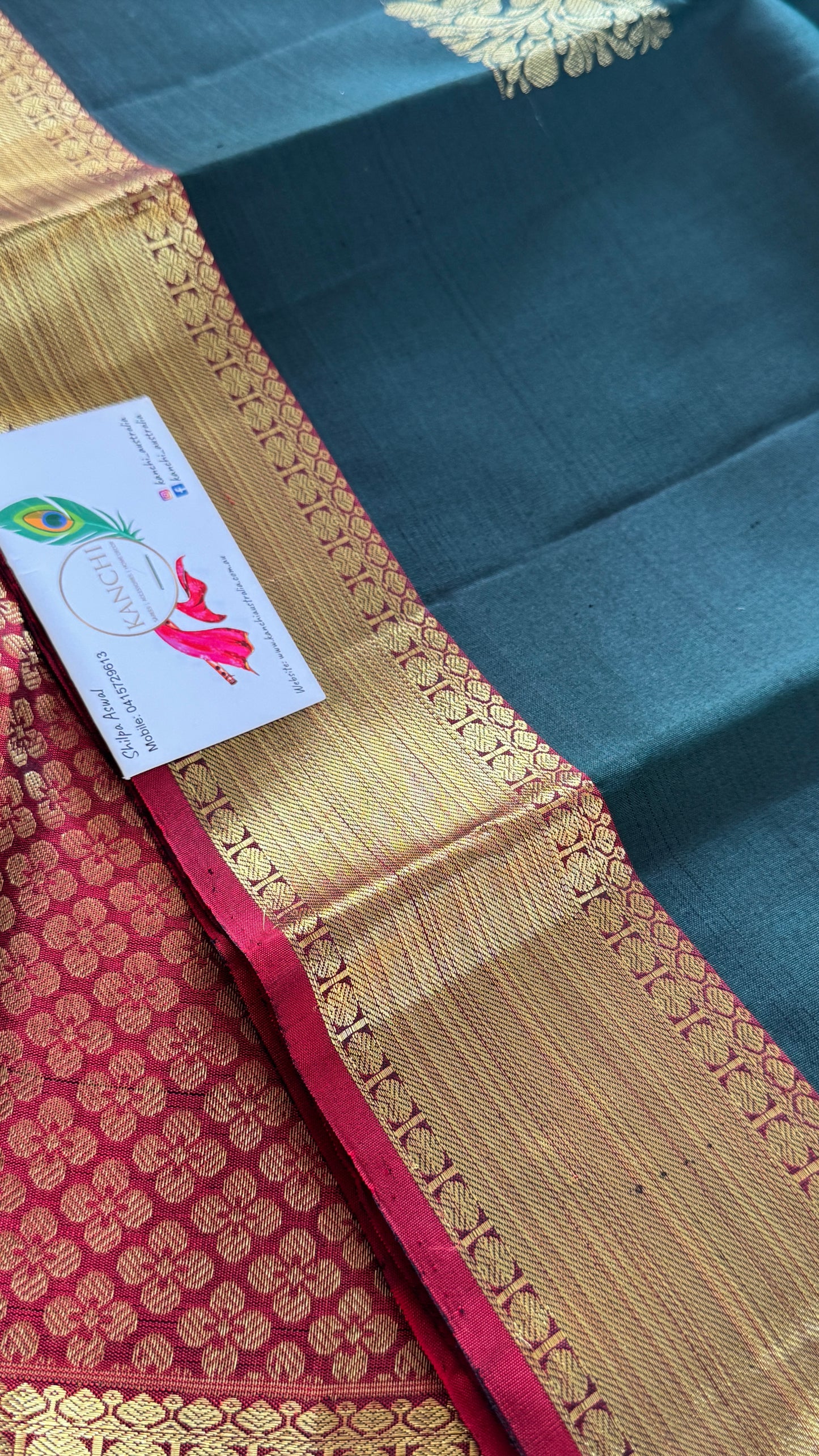 Bottle Green Pure Kanchipuram Silk Saree with Contrast Red Pallu & Border | Silk Mark Certified