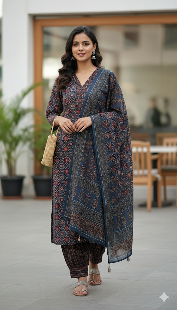 Pure Cotton Salwar Suit - Full Set - Denim Dark Blue