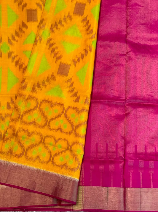 Yellow & Pink Handloom Ikkat Pure Soft Silk Saree