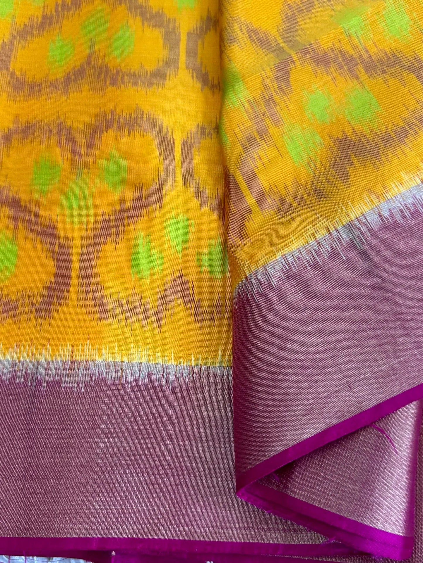 Yellow & Pink Handloom Ikkat Pure Soft Silk Saree