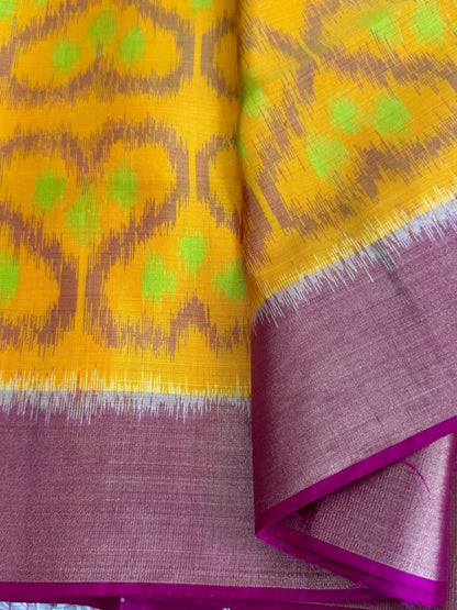 Yellow & Pink Handloom Ikkat Pure Soft Silk Saree