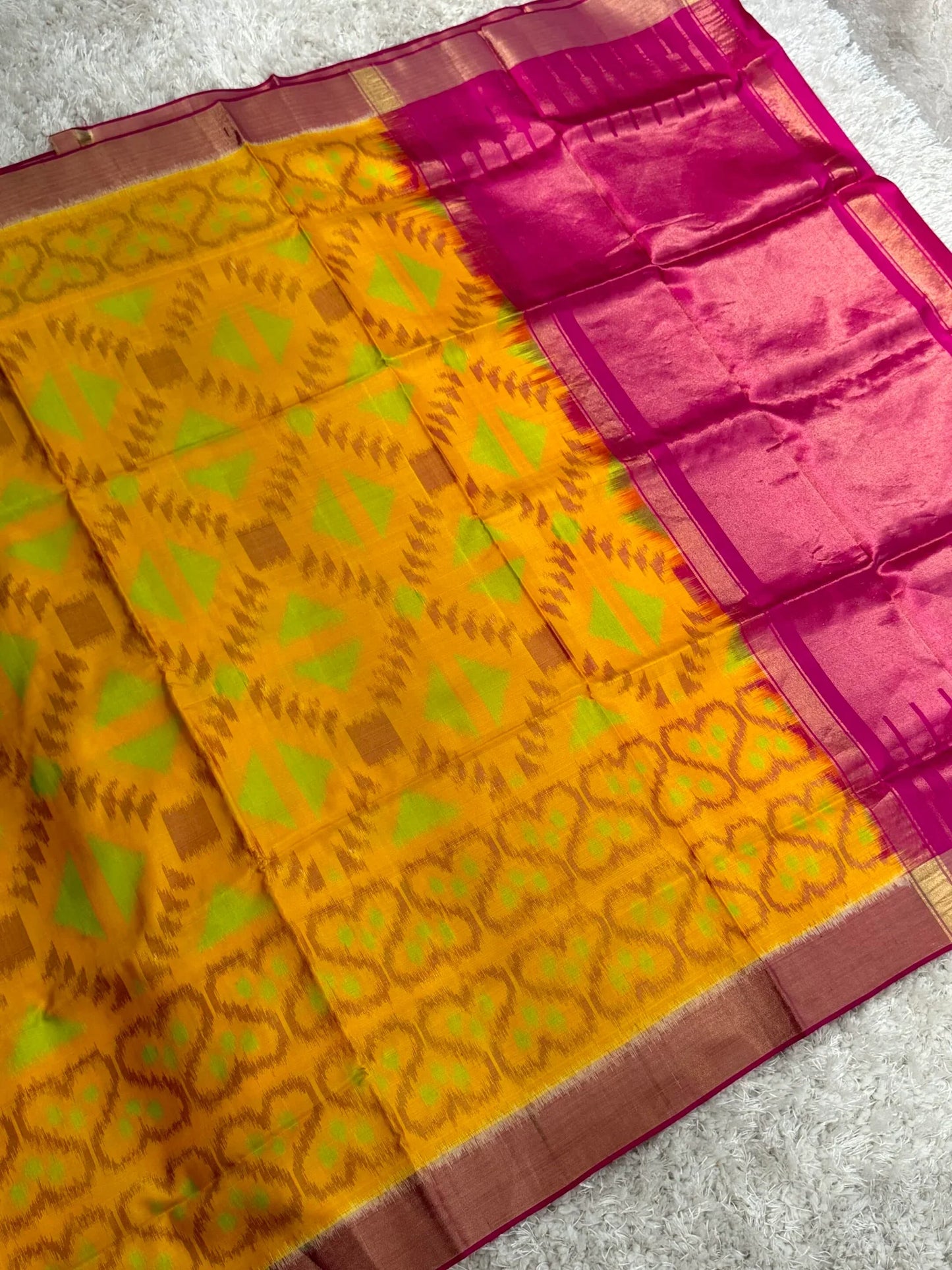 Yellow & Pink Handloom Ikkat Pure Soft Silk Saree