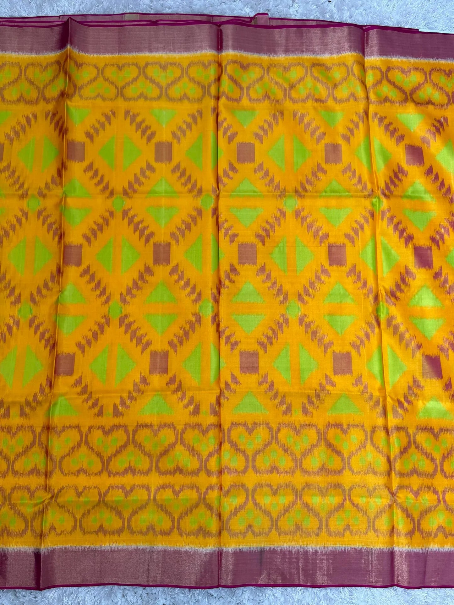 Yellow & Pink Handloom Ikkat Pure Soft Silk Saree