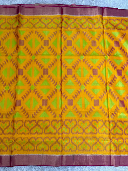 Yellow & Pink Handloom Ikkat Pure Soft Silk Saree