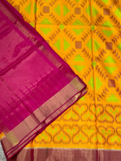 Yellow & Pink Handloom Ikkat Pure Soft Silk Saree