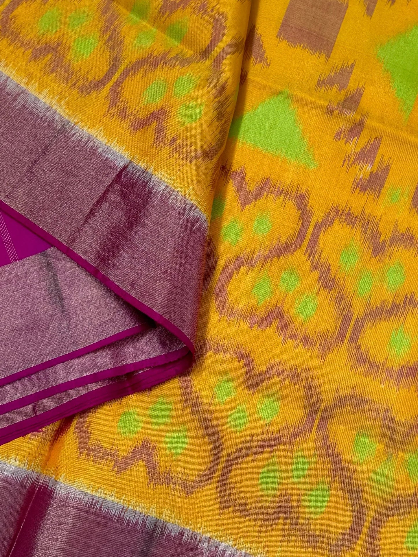 Yellow & Pink Handloom Ikkat Pure Soft Silk Saree