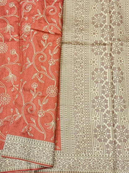 HANDLOOM SEMI TUSSAR RAW SILK EMBROIDERED SAREE – PEACH