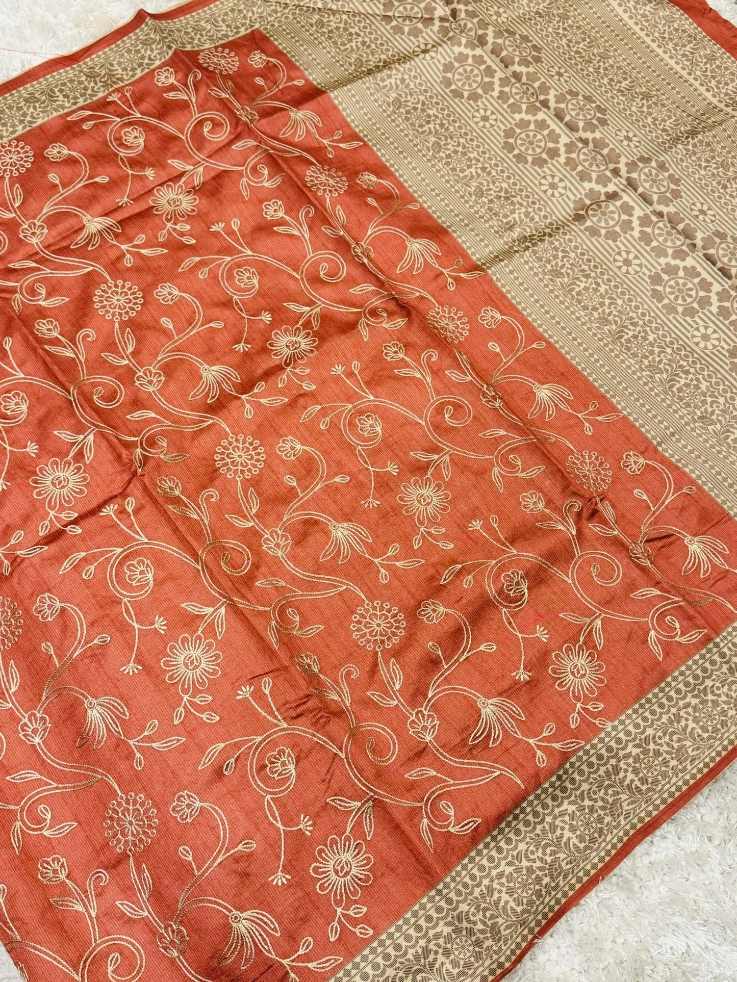 HANDLOOM SEMI TUSSAR RAW SILK EMBROIDERED SAREE – PEACH
