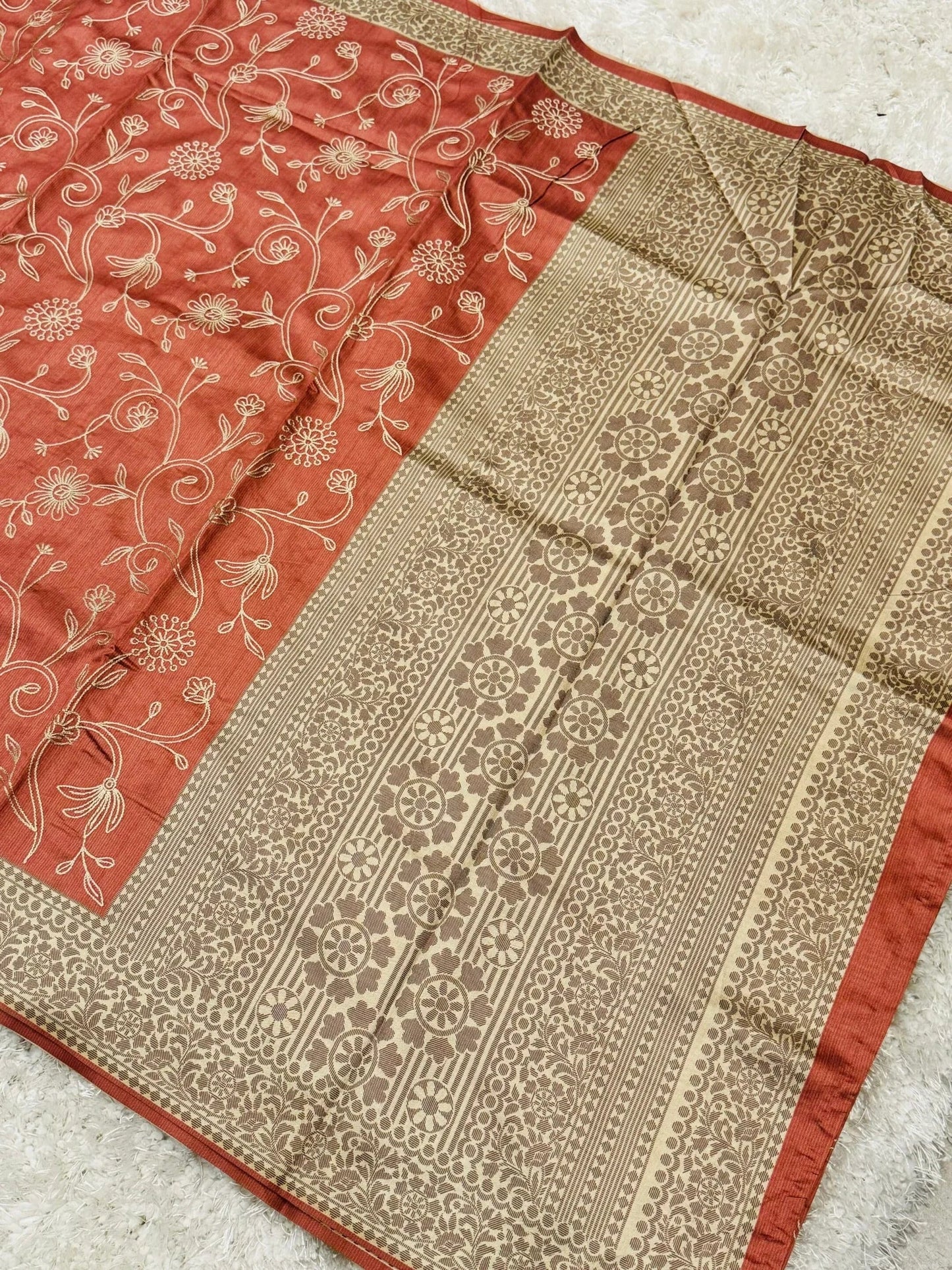 HANDLOOM SEMI TUSSAR RAW SILK EMBROIDERED SAREE – PEACH