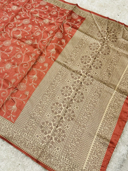 HANDLOOM SEMI TUSSAR RAW SILK EMBROIDERED SAREE – PEACH