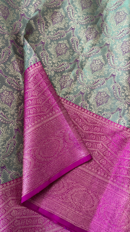 PURE TISSUE KANJIVARAM SILK HANDLOOM SAREE – BLUISH GREY WITH PINK - GOLD BORDER