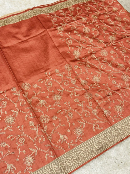 HANDLOOM SEMI TUSSAR RAW SILK EMBROIDERED SAREE – PEACH