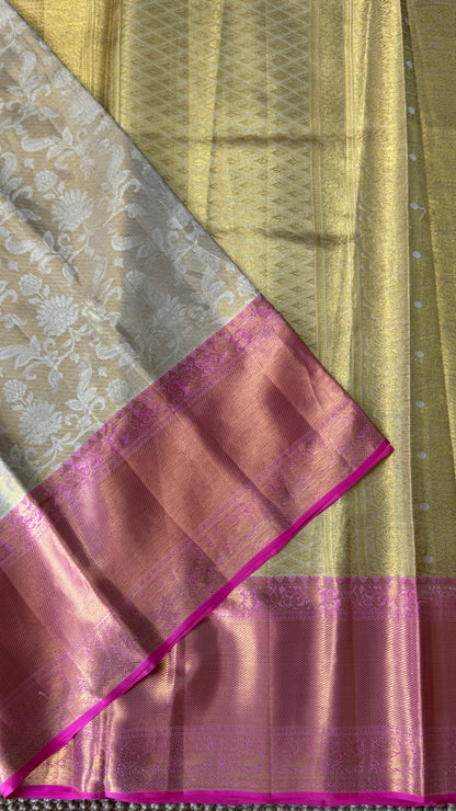 Beige Pure Tissue Kanchipuram Silk Saree with Pink Border | Silk Mark Certified