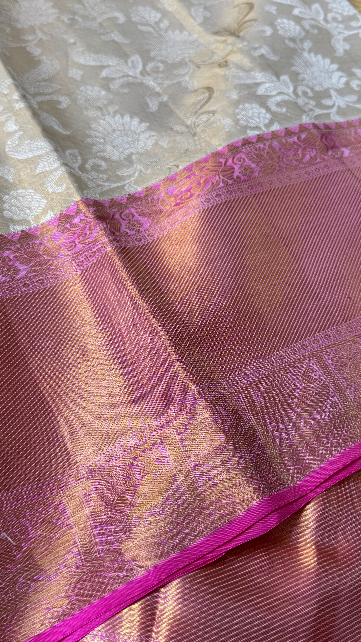 Beige Pure Tissue Kanchipuram Silk Saree with Pink Border | Silk Mark Certified