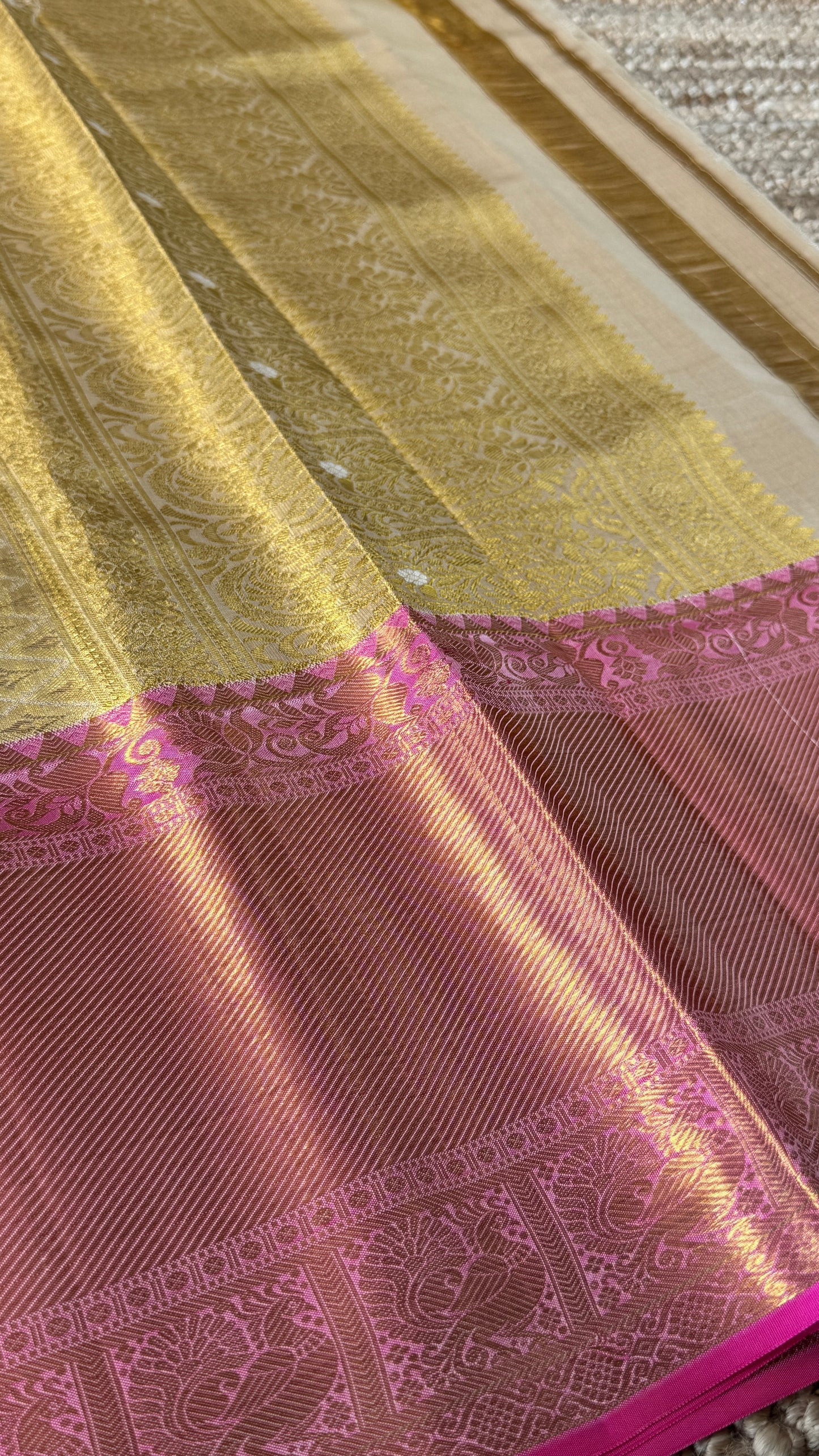 Beige Pure Tissue Kanchipuram Silk Saree with Pink Border | Silk Mark Certified