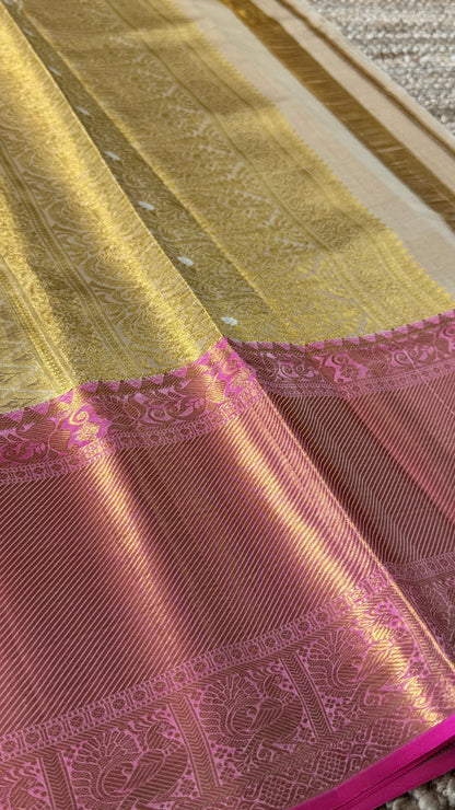 Beige Pure Tissue Kanchipuram Silk Saree with Pink Border | Silk Mark Certified