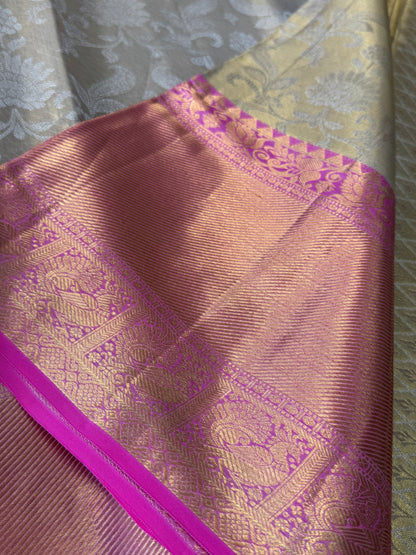 Beige Pure Tissue Kanchipuram Silk Saree with Pink Border | Silk Mark Certified