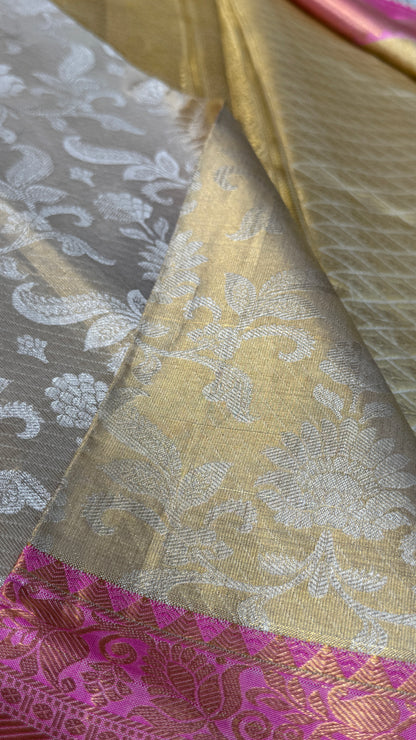 Beige Pure Tissue Kanchipuram Silk Saree with Pink Border | Silk Mark Certified