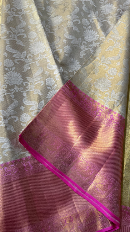 Beige Pure Tissue Kanchipuram Silk Saree with Pink Border | Silk Mark Certified