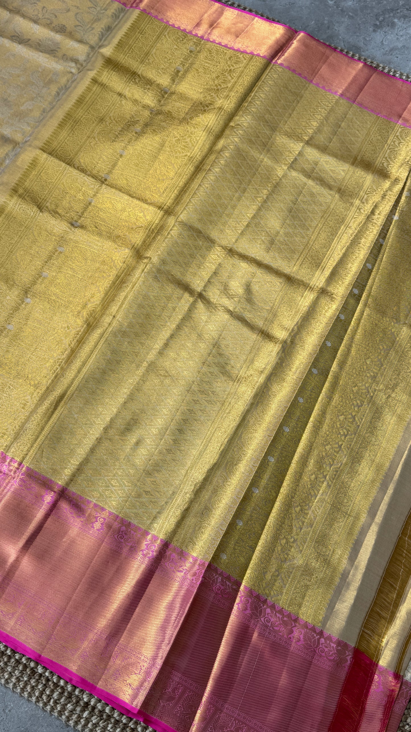 Beige Pure Tissue Kanchipuram Silk Saree with Pink Border | Silk Mark Certified