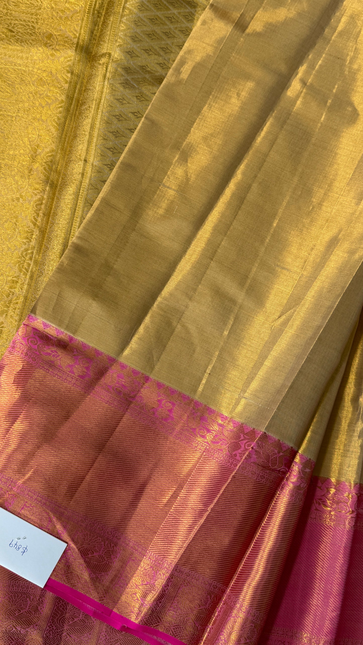 Beige Pure Tissue Kanchipuram Silk Saree with Pink Border | Silk Mark Certified