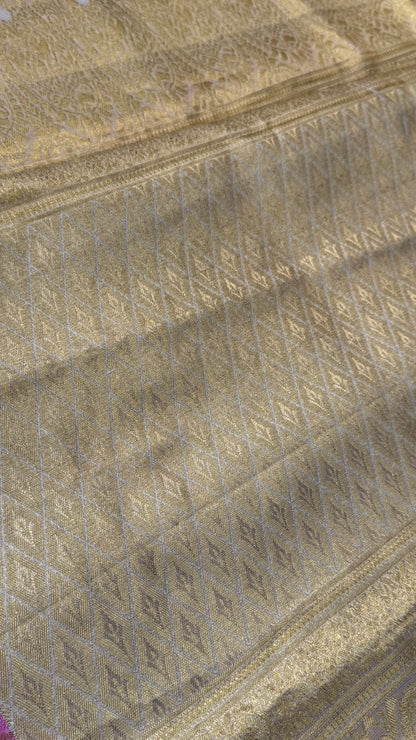 Beige Pure Tissue Kanchipuram Silk Saree with Pink Border | Silk Mark Certified