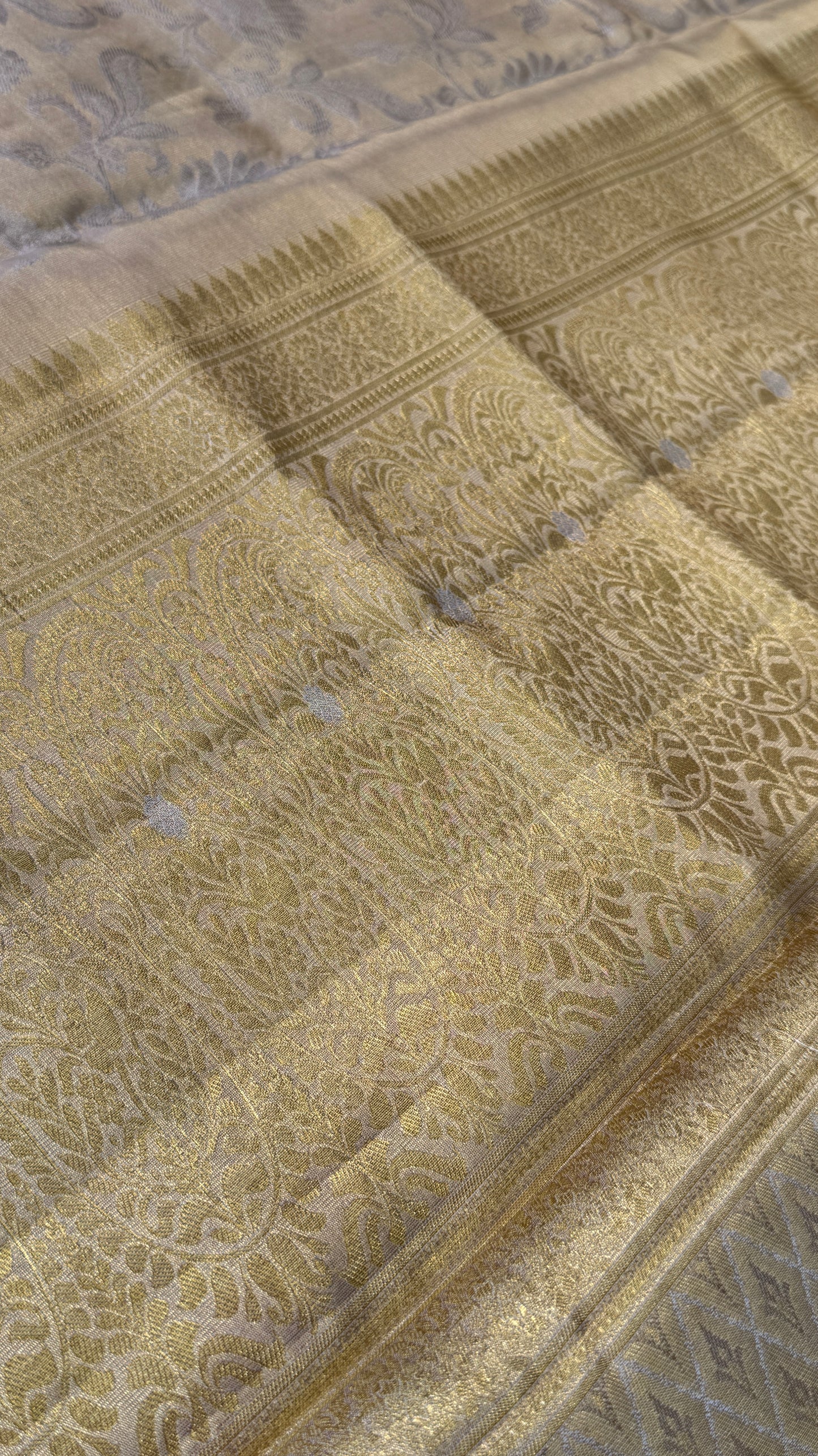 Beige Pure Tissue Kanchipuram Silk Saree with Pink Border | Silk Mark Certified