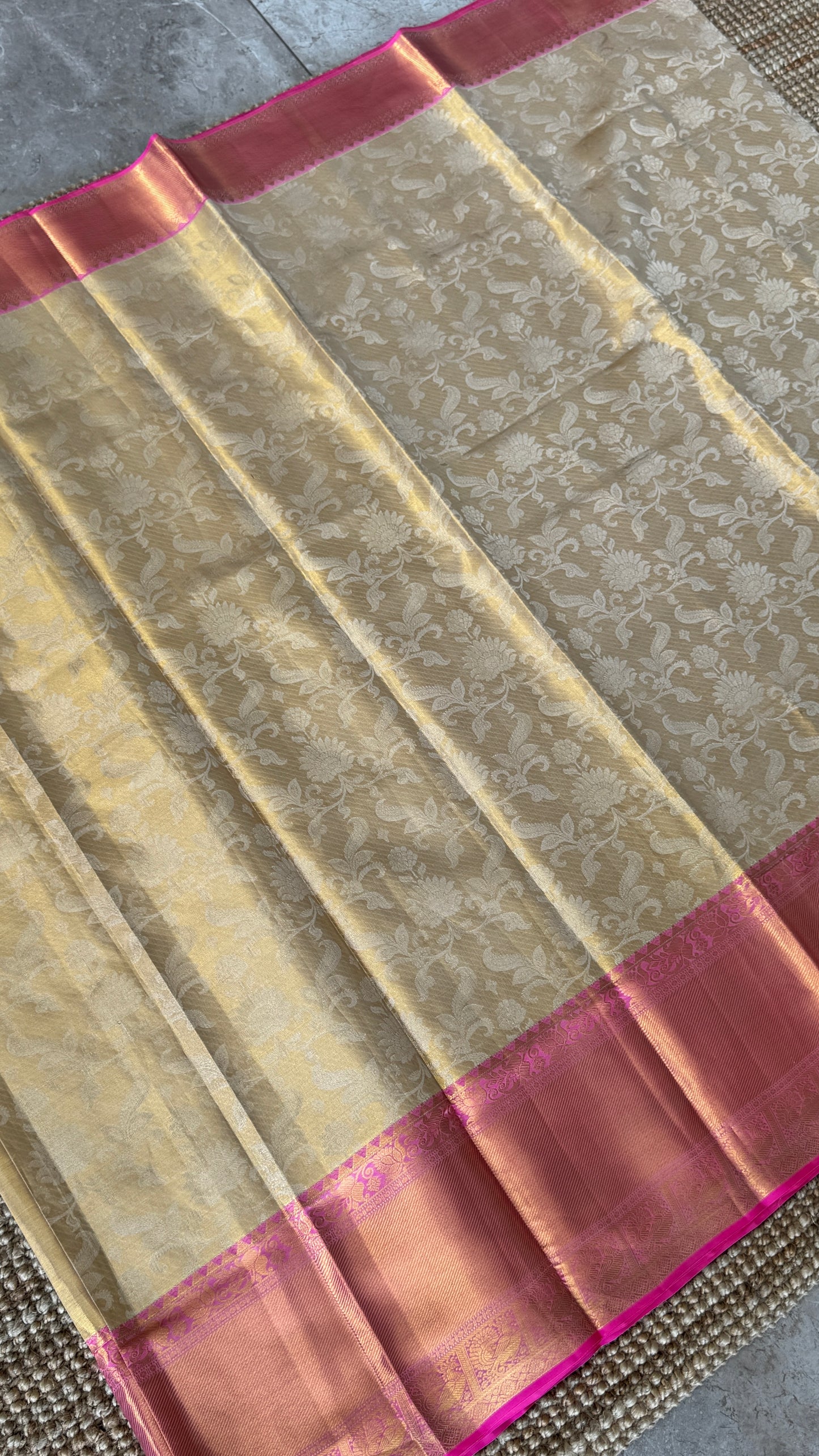 Beige Pure Tissue Kanchipuram Silk Saree with Pink Border | Silk Mark Certified