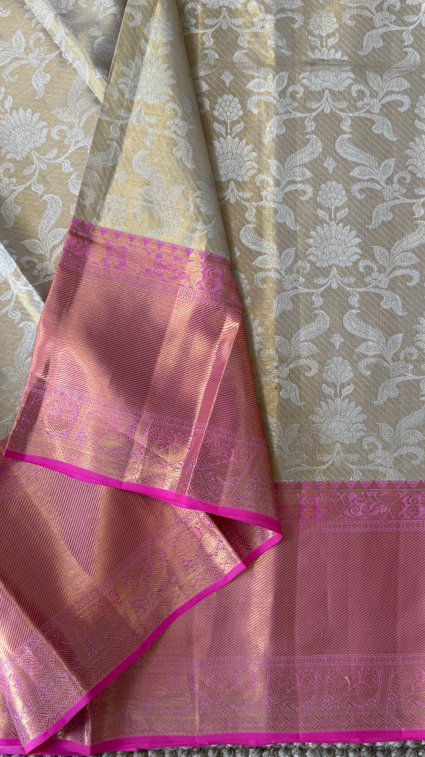 Beige Pure Tissue Kanchipuram Silk Saree with Pink Border | Silk Mark Certified