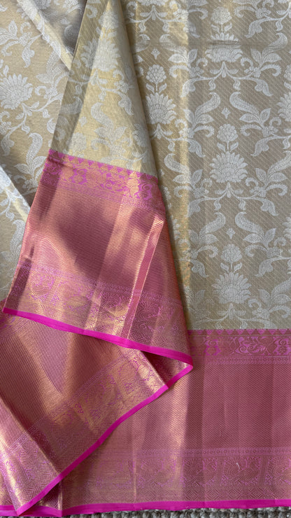 Beige Pure Tissue Kanchipuram Silk Saree with Pink Border | Silk Mark Certified
