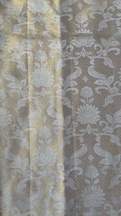 Beige Pure Tissue Kanchipuram Silk Saree with Pink Border | Silk Mark Certified