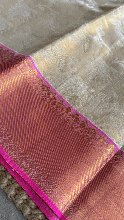Beige Pure Tissue Kanchipuram Silk Saree with Pink Border | Silk Mark Certified
