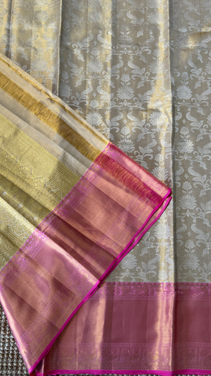 Beige Pure Tissue Kanchipuram Silk Saree with Pink Border | Silk Mark Certified