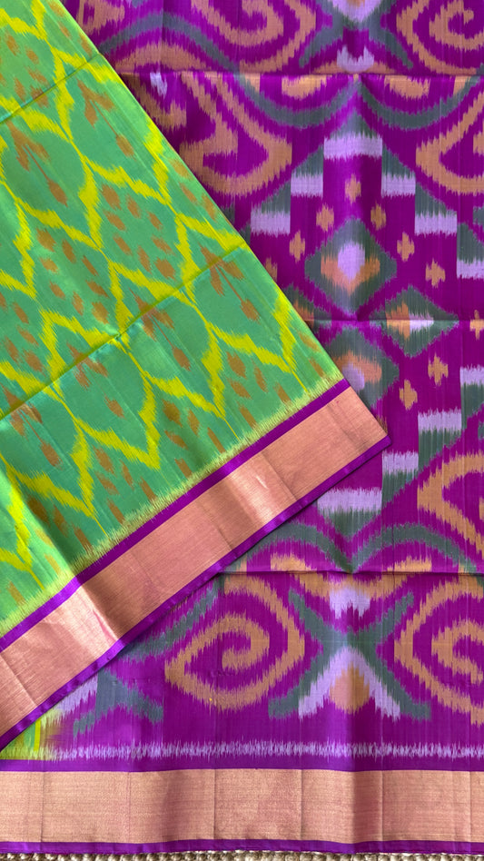 PURE IKKAT SOFT SILK HANDLOOM SAREE – PARROT GREEN BODY WITH PURPLE
